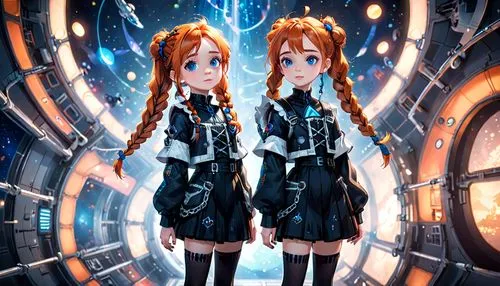 orbital,anime 3d,portal,anime japanese clothing,gemini,two girls,scifi,cybernetics,parallel world,3d fantasy,parallel worlds,virtual world,science fiction,connections,avatars,aglais io,harajuku,mirror image,mirrored,steampunk,Anime,Anime,Cartoon