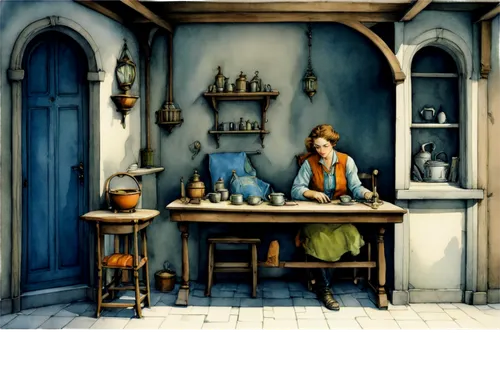 miniaturist,girl in the kitchen,apothecary,candlemaker,innkeeper,tinsmith,scriptorium,eilonwy,victorian kitchen,herbology,rumpelstiltskin,watercolourist,chromolithography,clockmaker,sewing room,aerith,malon,lampwick,inglenook,scullery,Illustration,Paper based,Paper Based 29