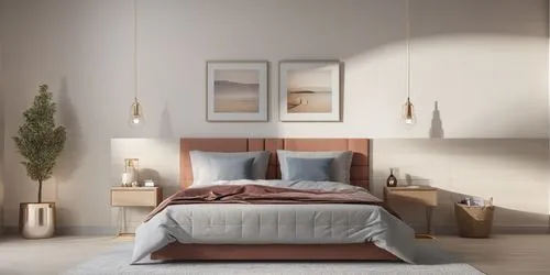 a modern bedroom with a neatly made bed and artwork,bedroom,bedstead,headboards,bed linen,softline,modern room,Photography,General,Realistic