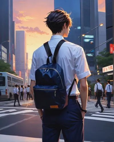 a pedestrian,white-collar worker,pedestrian,school boy,tokyo,tokyo ¡¡,student,shibuya,shinjuku,school start,primary school student,school uniform,ginza,shibuya crossing,tokyo city,anime japanese clothing,cg artwork,crosswalk,evangelion,city youth,Conceptual Art,Oil color,Oil Color 12