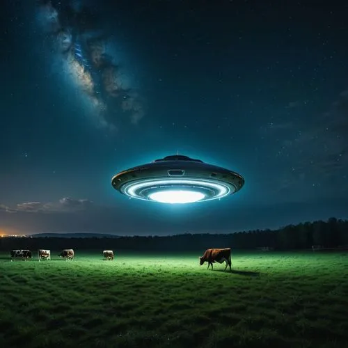 Ein UFO schwebt in der Nacht über einer Kuhwiese. Unter dem UFO schwebt eine Kuh,ufo,ufos,ufo intercept,saucer,unidentified flying object,extraterrestrial life,abduction,alien invasion,flying saucer,e