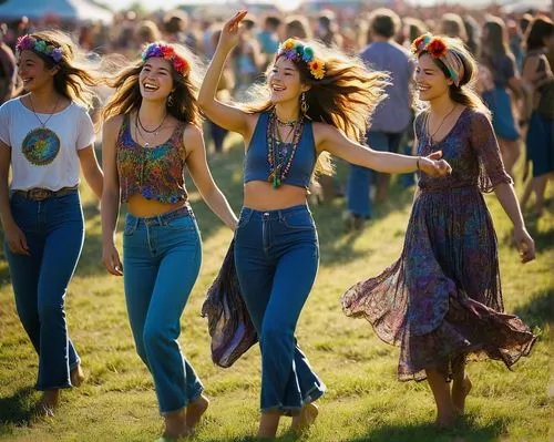 Grateful Dead fans, hippie girls, twirling, dancing, flowy hair, colorful flowers in hair, bright smile, joyful eyes, psychedelic clothing, flowing skirts, lace tops, bell-bottom jeans, headbands, bar