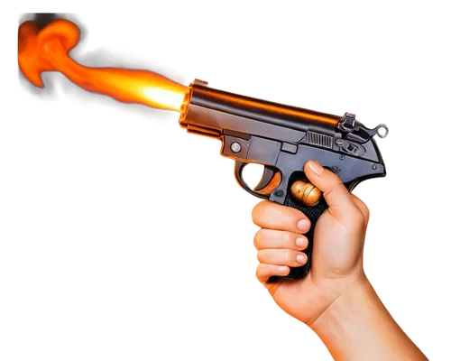 Dynamic explosion effect, smoke cloud, orange flame, metallic sheen, bullet shell ejection, pistol grip, trigger finger, intense lighting, close-up composition, shallow depth of field, high contrast, 