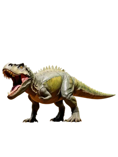 Dinosaur fossil, ancient creature, Tyrannosaurus Rex, greenish-brown skin, sharp teeth, powerful legs, strong tail, rough texture, detailed scales, museum display, warm lighting, shallow depth of fiel