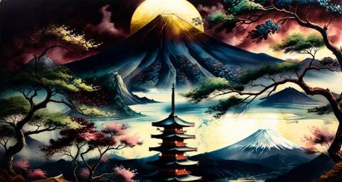 Mount Fuji and Pagoda,painting showing traditional asian landscape with pagodas,muramasa,okami,the japanese tree,japanese art,tanabata,japanese lantern,Illustration,Paper based,Paper Based 30