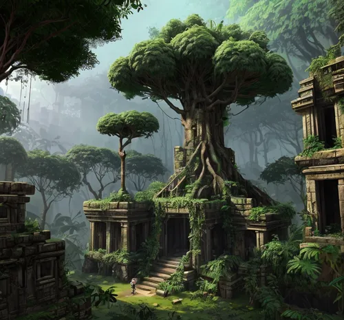 ancient city,mushroom landscape,ancient buildings,maya civilization,angkor,the ancient world,druid grove,fantasy landscape,rainforest,cartoon video game background,ancient,the ruins of the,cambodia,wo