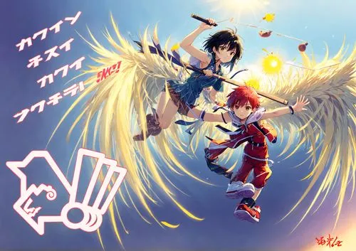 a couple of anime girl flying through the air,shiron,angel and devil,escaflowne,winged heart,avialae,angel wing,Anime,Anime,Realistic