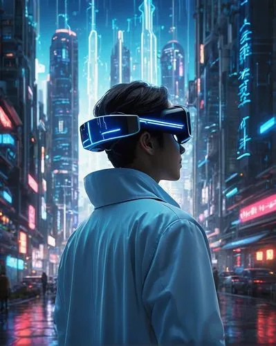 Futuristic, futuristic cityscape, skyscraper, neural network-inspired building design, glowing blue circuits, holographic projections, augmented reality interfaces, brain-computer interface, virtual r