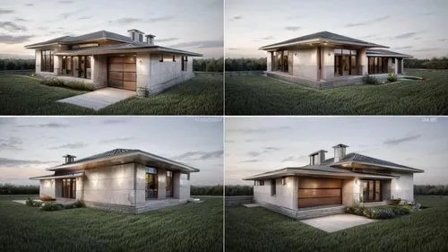 Modern single-story house from 4 angles in the same style with a combination of red and beige brick facades. It has a sloping roof with projections, large front windows and stone steps leading to the 