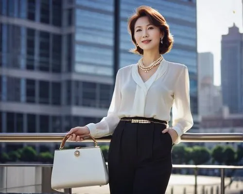 This person, mature lady, elegant posture, gentle smile, brown hair, subtle makeup, pearl necklace, white blouse, black high-waisted pants, stiletto heels, holding a luxury handbag, standing, city str