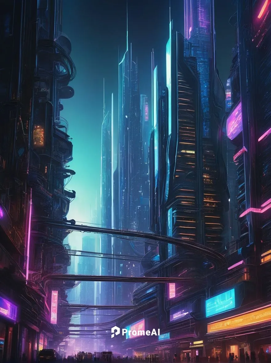 Futuristic diffusion architecture, sleek metallic surfaces, curved lines, neon lights, holographic projections, atmospheric mist, cyberpunk cityscape, towering skyscrapers, bustling streets, night sce