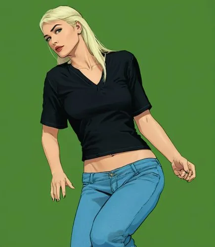 A casual lady,jeans background,black t-shirt,blonde,fun,Illustration,American Style,American Style 14