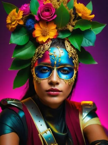 a beautiful woman wearing a colorful mask and a flower in her hair,pintados,masquerade,mascarita,imperatriz,venetian mask,ixil,Photography,Artistic Photography,Artistic Photography 08