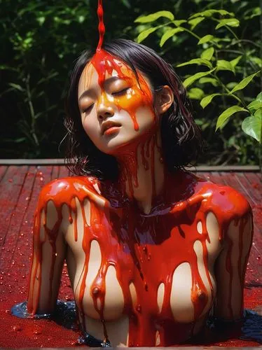 red paint,bloodsucker,bodypaint,bodypainting,entrails,hemorrhage,gruesomeness,dripping,mileena,elektra,splash paint,jello,xiaofei,xiaoli,body painting,splatter,stigmata,spiciest,vermelho,neon body painting,Illustration,Japanese style,Japanese Style 18