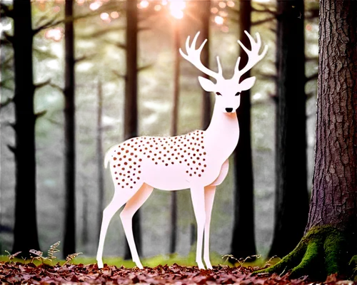 Majestic deer, solo, forest background omitted, white fur with brown spots, big gentle eyes, long eyelashes, soft nose, mouth slightly open, ears perked up, slender legs, hooves, morning dew, soft sun