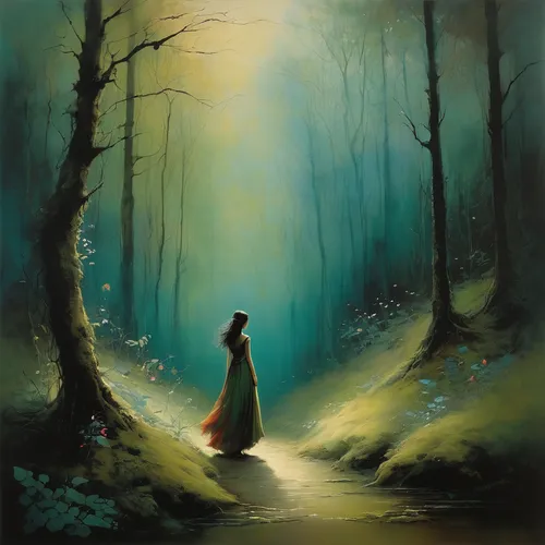 the mystical path,forest path,forest of dreams,girl walking away,mystical portrait of a girl,woman walking,oil painting on canvas,ballerina in the woods,girl with tree,fantasy picture,forest walk,the path,girl in a long dress,pathway,light bearer,forest landscape,forest background,hollow way,the wanderer,guiding light,Illustration,Realistic Fantasy,Realistic Fantasy 16