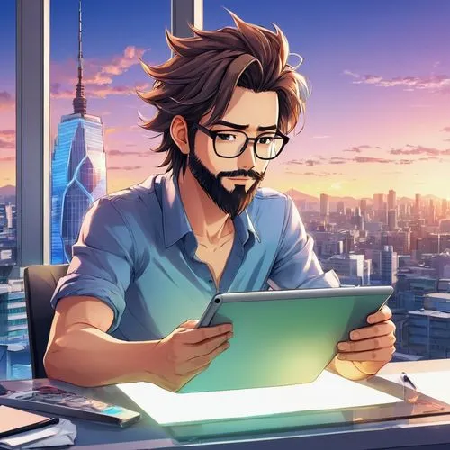 Average salary of architectural graphic designer, male, 30s, casual wear, beard, glasses, messy hair, holding a tablet, sitting at a desk, modern office, urban skyscraper, cityscape view from window, 