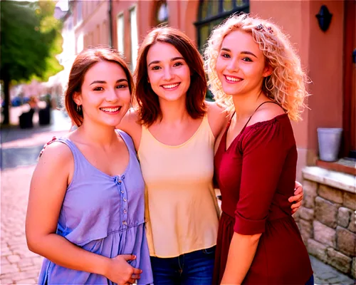 Group of friends, casual wear, smiling faces, natural makeup, relaxed posture, arms around shoulders, urban background, warm sunlight, soft focus, shallow depth of field, 3/4 composition, vibrant colo