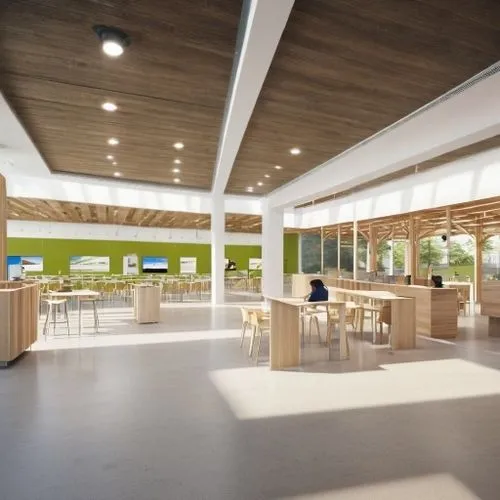 Flat ceiling with spotlights,school design,home of apple,modern office,cafeteria,apple desk,canteen,daylighting,conference room,offices,apple store,lecture room,lecture hall,university library,archida