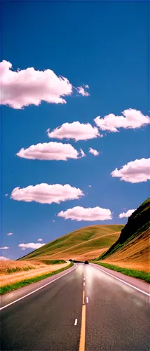 Endless highway, asphalt road, vanishing point, sunny day, clear blue sky, few white clouds, rolling hills, green grasslands, solitary car, speeding away, motion blur, 3/4 composition, low-angle shot,