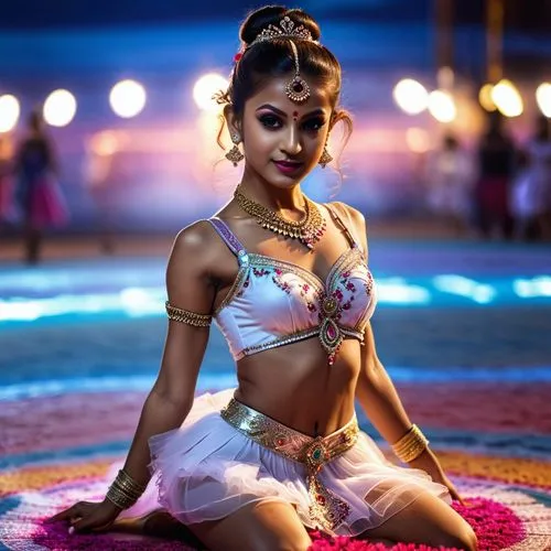 closeup of ballerina in rangoli inspired tatoo and costumes and dance on runway, clear makeup, motion blur, much amount of light shedding, tilt light, neon illumination, natural landscape in the bg --