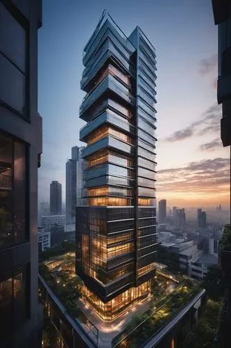 Modern architectural design, futuristic skyscraper, sleek metal framework, angular lines, LED lights embedded in walls, glass façade, reflective windows, rooftop garden, cityscape view, misty morning 