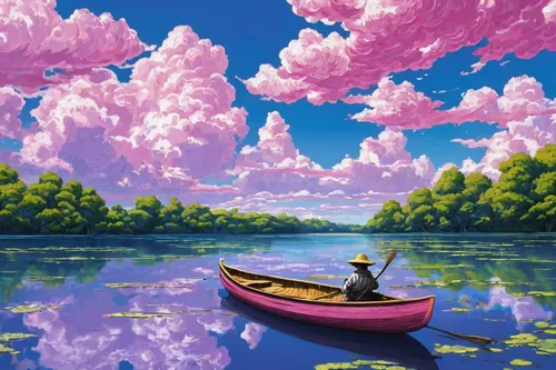 boat landscape,studio ghibli,fishing float,floating over lake,acid lake,canoeing,purple landscape,heaven lake,boat,idyllic,dream world,beautiful lake,floating on the river,tranquil,little boat,canoe,floating island,lagoon,kayaking,picnic boat,Illustration,Black and White,Black and White 27