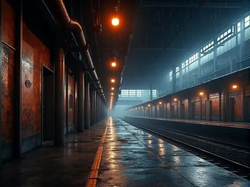 Industrial train station, brutalist architecture, copper material accents, oxidized copper walls, exposed ductwork, concrete floors, steel beams, industrial lighting, urban atmosphere, rainy day, dark