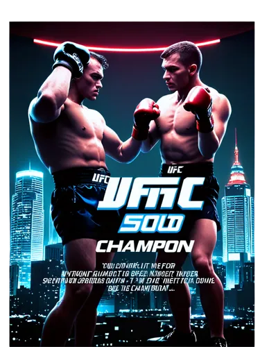 UFC, background, poster, dark gradient, cityscape at night, skyscraper, neon lights, bold font, champion belt, fighting gloves, punching bag, heavy punching sound effect, intense spotlight, low-angle 