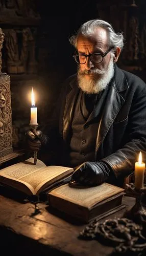 DnD, puppet master, mature man, detailed wrinkles, grey hair, thick beard, wire-rimmed glasses, black leather gloves, ornate wooden box, intricate carvings, mystical aura, dimly lit chamber, stone wal