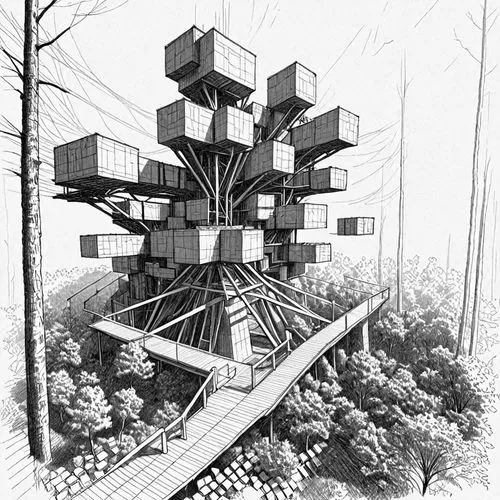 a drawing of a building made of blocks,treehouses,trestle,treehouse,arcology,archigram,multi-story structure,Design Sketch,Design Sketch,Detailed Outline