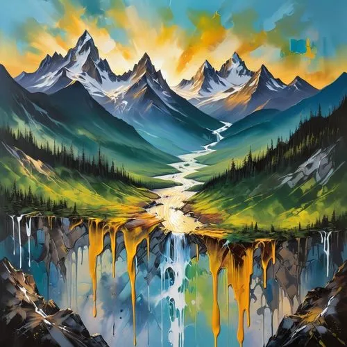 mountain scene,mountain landscape,cascades,glacial melt,ice landscape,alpine landscape,Conceptual Art,Graffiti Art,Graffiti Art 08