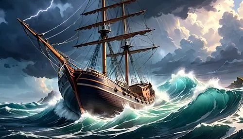 a boat on a body of water with a sky filled with clouds,sea storm,poseidon,caravel,maelstrom,charybdis,sea fantasy