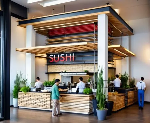 Modern sushi restaurant, bright colors red blue, black metal,sushi japan,sushi,japanese restaurant,sushi roll images,japanese cuisine,sushi rolls,asian cuisine,sushi boat,northeastern cuisine,sushi ro