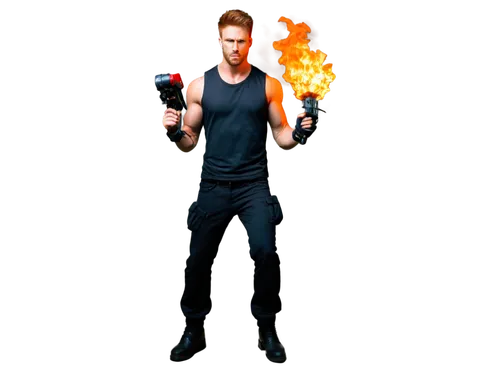 Fire PMG, muscular man, fiery red hair, intense gaze, aggressive posture, ripped sleeveless shirt, black pants, combat boots, holding a flamethrower, dynamic action pose, dramatic lighting, smoke and 