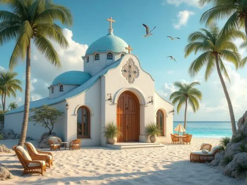 Beachside church, coastal architecture, white stucco walls, blue domed roof, grand entrance with wooden doors, stained glass windows, intricate stone carvings, sandy dunes surrounding, palm trees sway