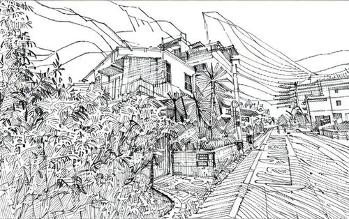 sketched pencil sketch of the landscape of a town,mono-line line art,overdrawing,mono line art,townscape,scribble lines,roughs,Design Sketch,Design Sketch,Hand-drawn Line Art