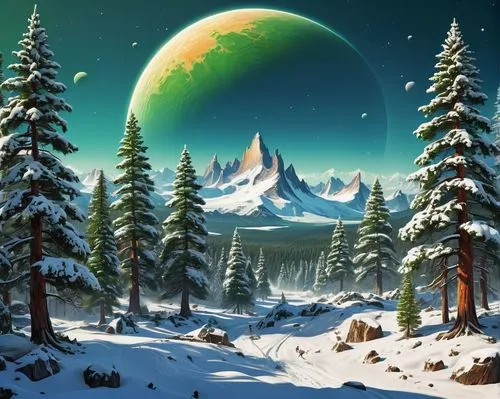 christmas snowy background,winter background,coniferous forest,snow landscape,ice planet,christmas landscape,landscape background,snowy landscape,lunar landscape,christmasbackground,fir forest,snowy mountains,moon and star background,north pole,nature background,winter landscape,snow scene,mountain scene,cartoon video game background,evergreen trees,Conceptual Art,Sci-Fi,Sci-Fi 20