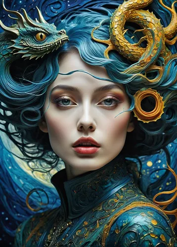 fantasy art,fantasy portrait,blue enchantress,medusa,chinese art,oriental princess,mystical portrait of a girl,the sea maid,the zodiac sign pisces,fantasy picture,fantasy woman,world digital painting,the enchantress,sci fiction illustration,zodiac sign libra,meticulous painting,oriental painting,teal blue asia,merfolk,amano,Illustration,Realistic Fantasy,Realistic Fantasy 15