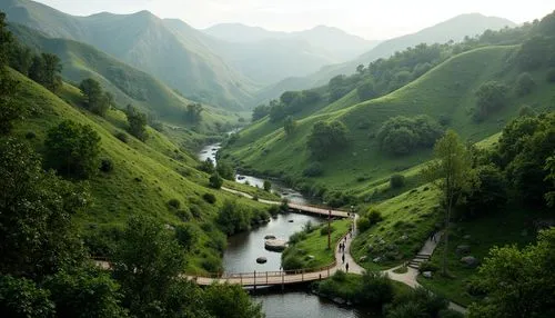 Sweeping hills, lush green forests, meandering streams, rustic wooden bridges, natural stone walls, curved lines, organic forms, earthy tones, blending boundaries, seamless transitions, harmonious coe