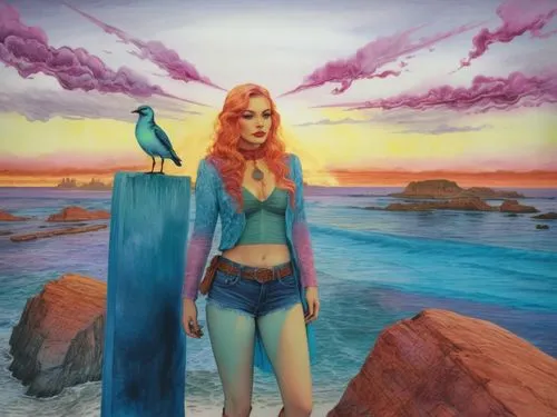 the painting depicts a pretty young woman near an ocean with a bird on her knee,jasinski,tropico,amphitrite,mermaid background,stiltsville,fathom,Illustration,Realistic Fantasy,Realistic Fantasy 25