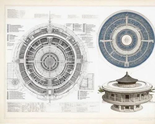 add more small circular temple plans in detail. hyperdetail with dimension and callout texts and drafting all texts in the sheet. use the same style. hyper clear detail. An architectural presentation 