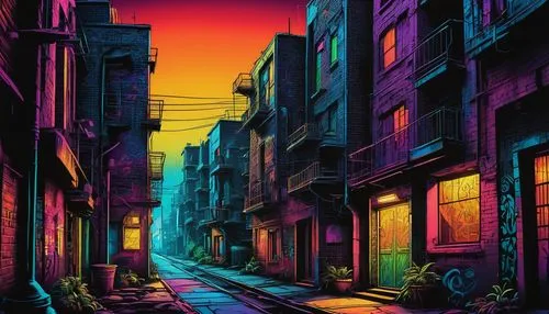 alleyway,alley,colorful city,blind alley,alley cat,tokyo city,dusk,narrow street,dusk background,tokyo,street canyon,the street,world digital painting,neon arrows,cityscape,digital painting,rescue alley,cyberpunk,valparaiso,ultraviolet,Conceptual Art,Sci-Fi,Sci-Fi 18