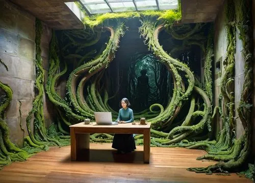 forest workplace,crooked forest,creative office,the roots of trees,3d fantasy,fantasy picture,world digital painting,fractal environment,study room,tunnel of plants,plant tunnel,sci fiction illustration,studio ghibli,cartoon forest,green living,tree moss,plant and roots,green forest,elven forest,roots,Conceptual Art,Oil color,Oil Color 05