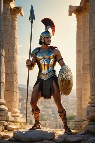 Centaur, horse body, human legs, strong muscles, athletic build, short hair, determined expression, bold eyebrows, golden earring, leather sandals, Greek mythology-inspired armor, holding a spear, her