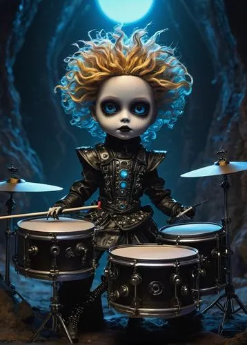 A captivating conceptual art piece featuring a hauntingly beautiful rock doll of death with golden locks and mesmerizing blue eyes, playing drums in a dystopian cyber steam landscape. Surrounded by li