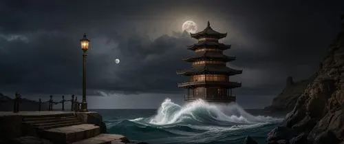 fantasy picture,world digital painting,dragonstone,lighthouse,sea storm,oriental lantern