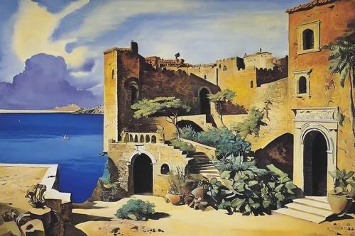 lipari,mediterranean,dali,apulia,puglia,capri,taormina,malta,coastal landscape,italian painter,santorini,landscape with sea,jaffa,kalo chorio,positano,oia,portofino,braque francais,ostuni,medina,Illustration,Paper based,Paper Based 23