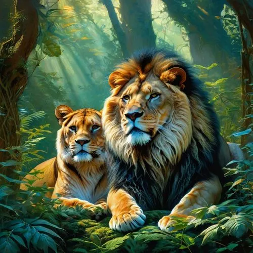 lions couple,male lions,two lion,lionesses,lions,lion children,lion with cub,big cats,lion father,king of the jungle,forest king lion,forest animals,oil painting on canvas,tigers,panthera leo,wild animals,oil painting,exotic animals,woodland animals,tropical animals,Conceptual Art,Fantasy,Fantasy 05