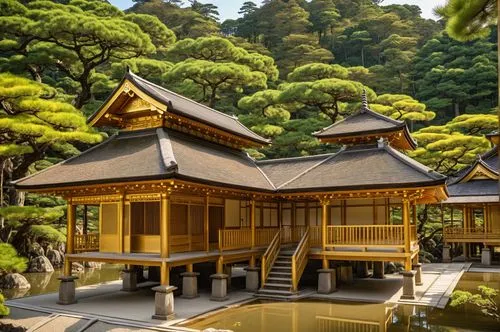 wooden pagodas in front of trees on the bank,ginkaku-ji temple,kinkakuji,arashiyama,kinkakuji temple,koyasan,golden pavilion,Photography,General,Realistic